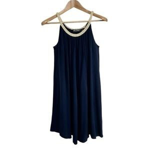 Nina Leonard Tunic Dress Lined Gold Rope Strap Boho Hippic Chic Gauze Black Sz L